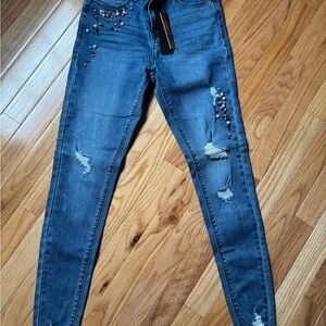 Lala Anthony Embellished With Pearls Blue Jeans